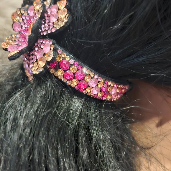 Crystal Flower Ponytail, Bun Claw - Shades of Pink & Gold - 804 Crystals - Picture 2 of 12